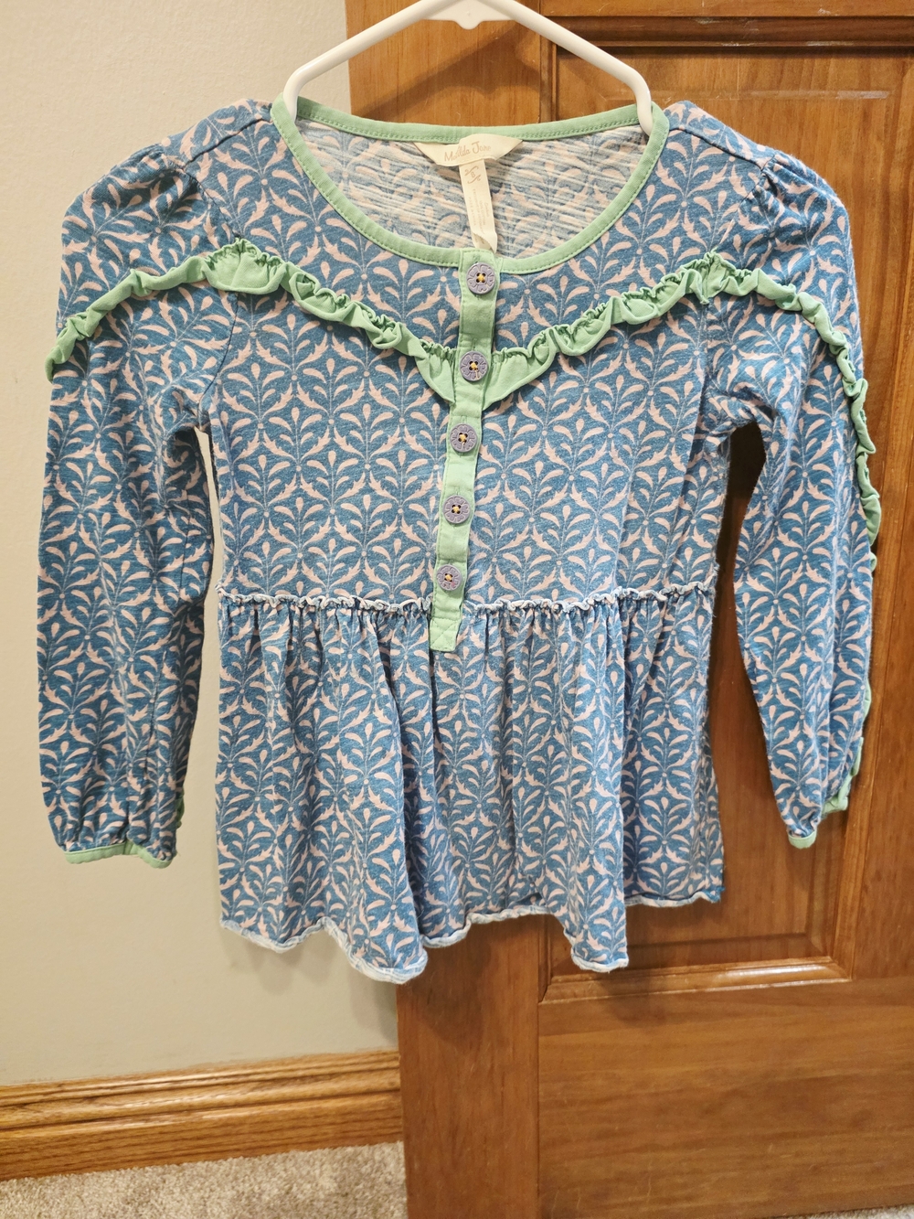 Matilda Jane Light Blue & Mint Long-Sleeve Ruffle Henley *Needs Minor Repair*